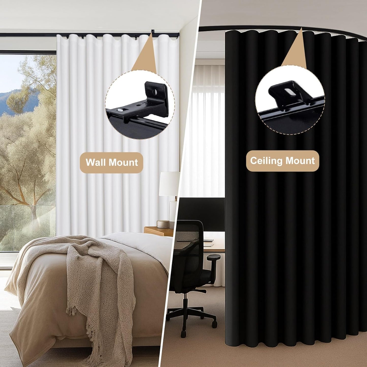 Aluminum Ceiling Curtain Track Set with Hooks Ceiling Mount and Wall Mount Room Divider Sliding Curtain Tracks Rods Flexible Heavy Duty Curtain Rail Hook Sets, Black, 21FT