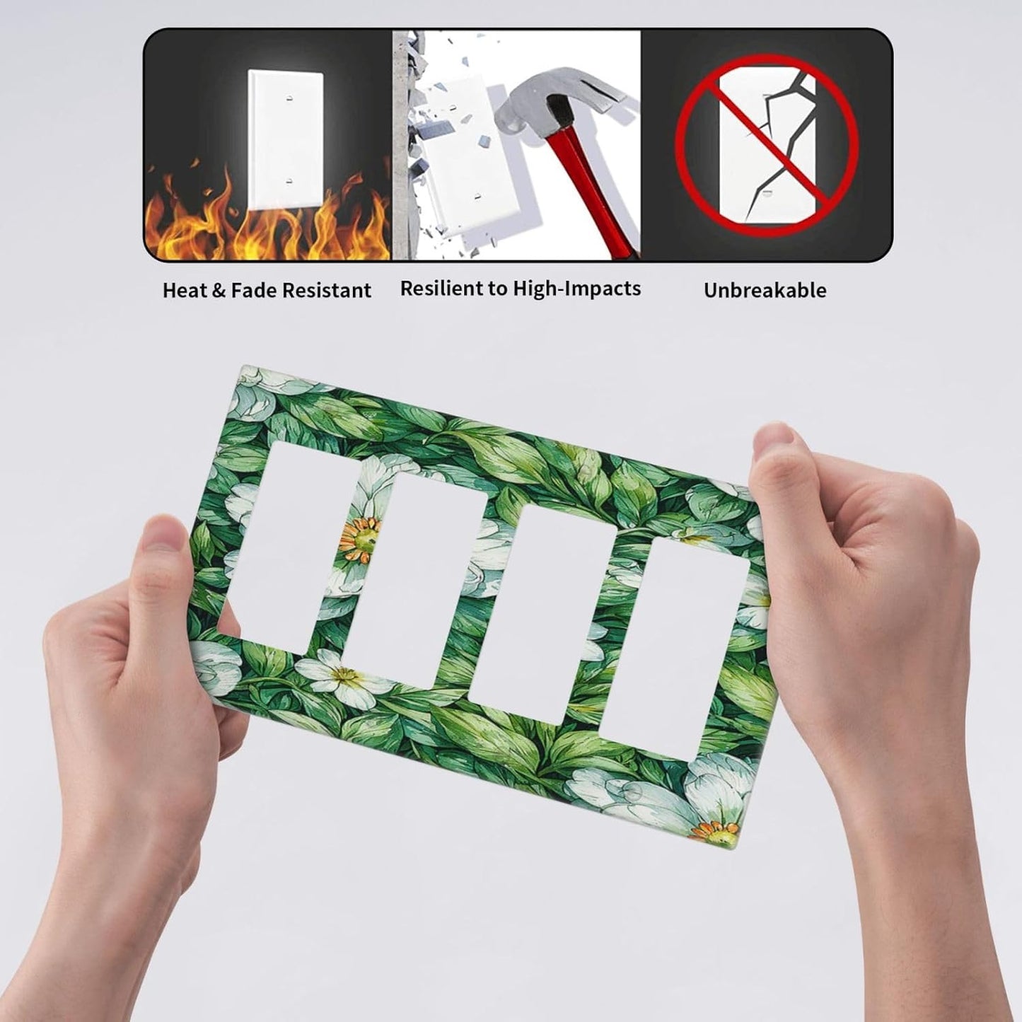 Vintage Floral White Flowers Green Plants Leaves Wallplates 4 Gang Quad Rocker Decorative Light Switch Covers Electrical GFCI Faceplate Switch Plate for Bedroom Bathroom Decor