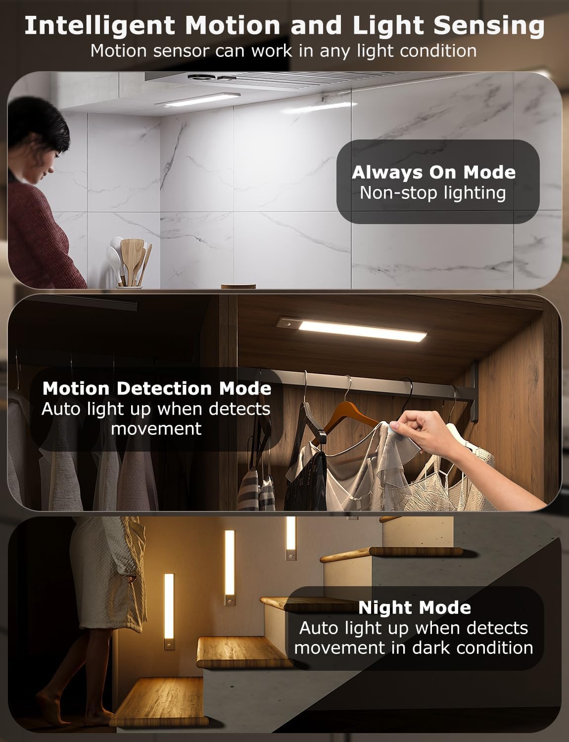 12" Ultra-Thin Under Cabinet Lighting Wireless, Aluminum Alloy Under Counter Lights for Kitchen, 3-Color-Temps Magnetic Closet Lights, Rechargeable Motion Sensor Light Indoor (8 Pack, Silver)