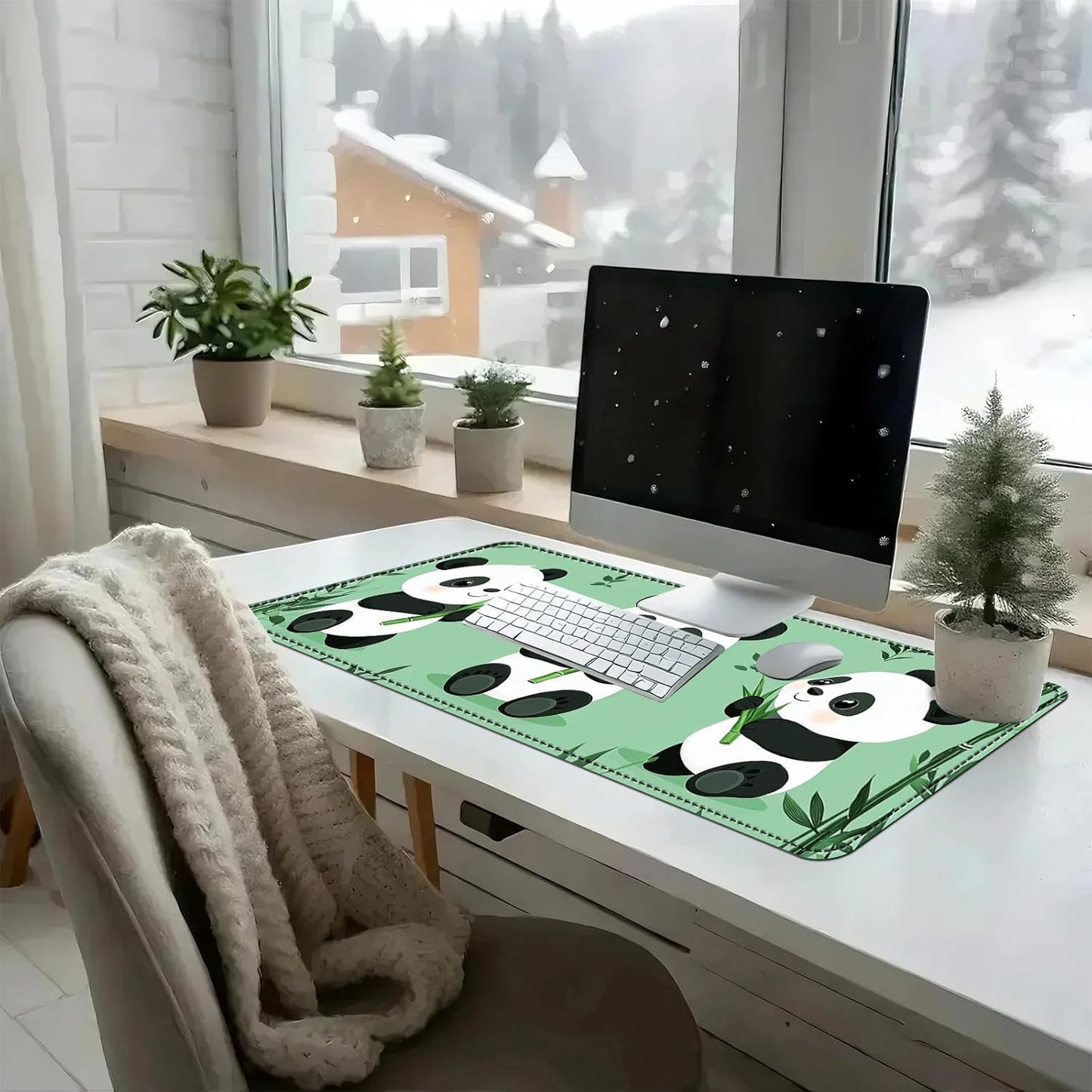 Heated Mouse Pad with 3 Temperature Settings(104°F–122°F),Large 31.5x13 Inch PU Leather Heated Desk Mat,Waterproof Warming Pad for Office,Gaming & Cold Hands Relief,Cute Three Pandas