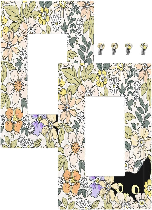 Decorative Outlet Covers Cute Black Cat in a Flower Patch Botanical Garden 1 Gang Rocker Light Switch Covers Single Decora GFCI Device Wall Plate for Bedroom Home Decor （2 Pack）