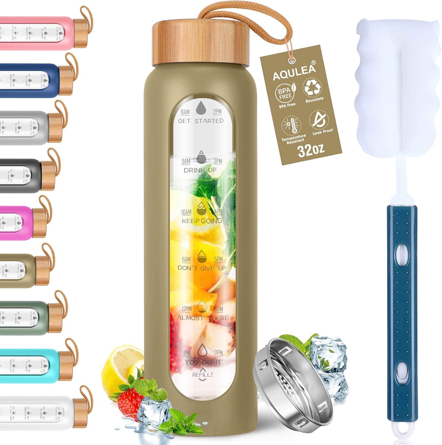 Aqulea Glass Water Bottles 32 Oz with Silicone Sleeve - BPA Free Reusable Wide Mouth Glass Motivational Water Bottles with Fruit Infuser – Leak Proof Borosilicate Water Bottle with Time Marker (Champ)