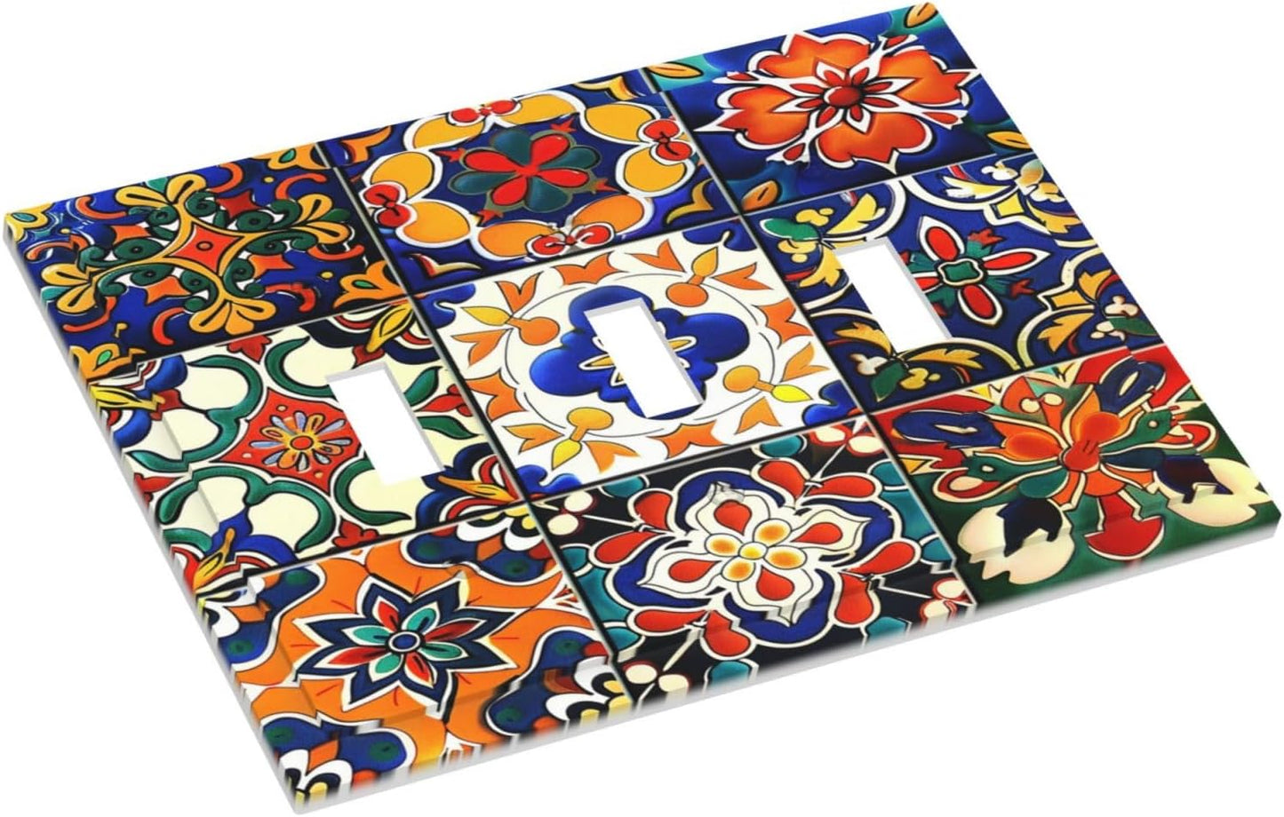 Decorative Switch Plates Colorful Mexican Talavera Vintage Boho Floral 3 Gang Wall Plate Triple Toggle Light Switch Cover Faceplate Electrical Wall Panels For Farmhouse Cabin Decor