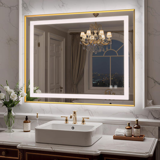 40X32 Inch LED Bathroom Mirror with Lights, Gold Frame Frontlit+ Backlit Bathroom Vanity Mirror for Wall, Ultra-Clear Tempered Glass, Shatter-Proof, Anti-Fog and Memory Function, ETL Listed