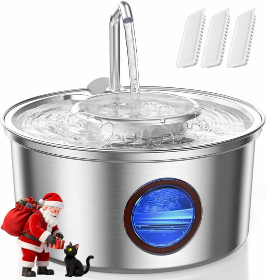 Cat Water Fountain Stainless Steel - 108oz/3.2L Ultra-Quiet Cat Fountain for Drinking with Removable Water Bowl, Kitty Spout Fountain with 3 Filters Supplies for Cats, Small Dogs, Multiple Pets