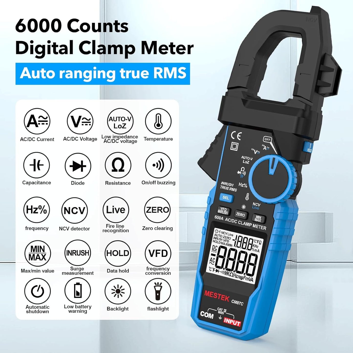 Digital Inrush Clamp Meter Multimeter, MESTEK T-RMS 6000 Counts 600A Current Amp Volt Meter with VFD,LOZ Mode; Measures NCV AC/DC Current Voltage Temperature Resistance Capacitance Continuity