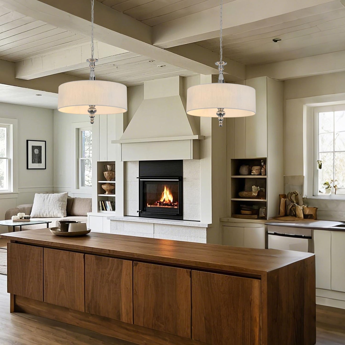 4-Light Drum Chandeliers, Drum Pendant Light Fixture Beige Linen Fabric Shade, Kitchen Chandeliers Over Table,Adjustable Hanging Light Fixture for Dining Room,Brushed Nickel