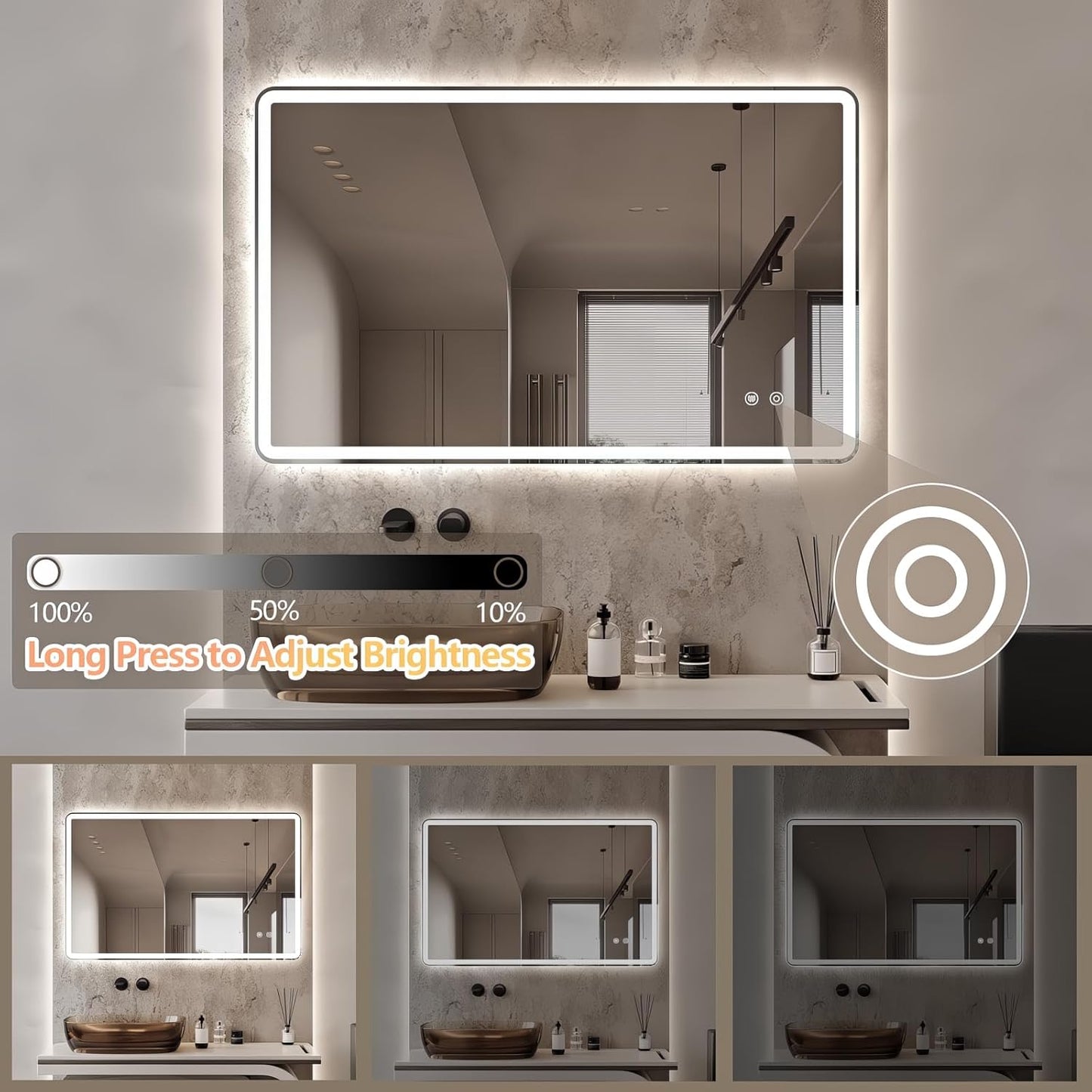 Niccy 24"x36" LED Bathroom Mirror, Rectangle Vanity Mirrors with Lights, Frontlit & Backlit Lighted Vanity Mirror, Memory Funtion, 3 Colors & Stepless Dimmable, Anti-Fog, Horizontal/Vertical