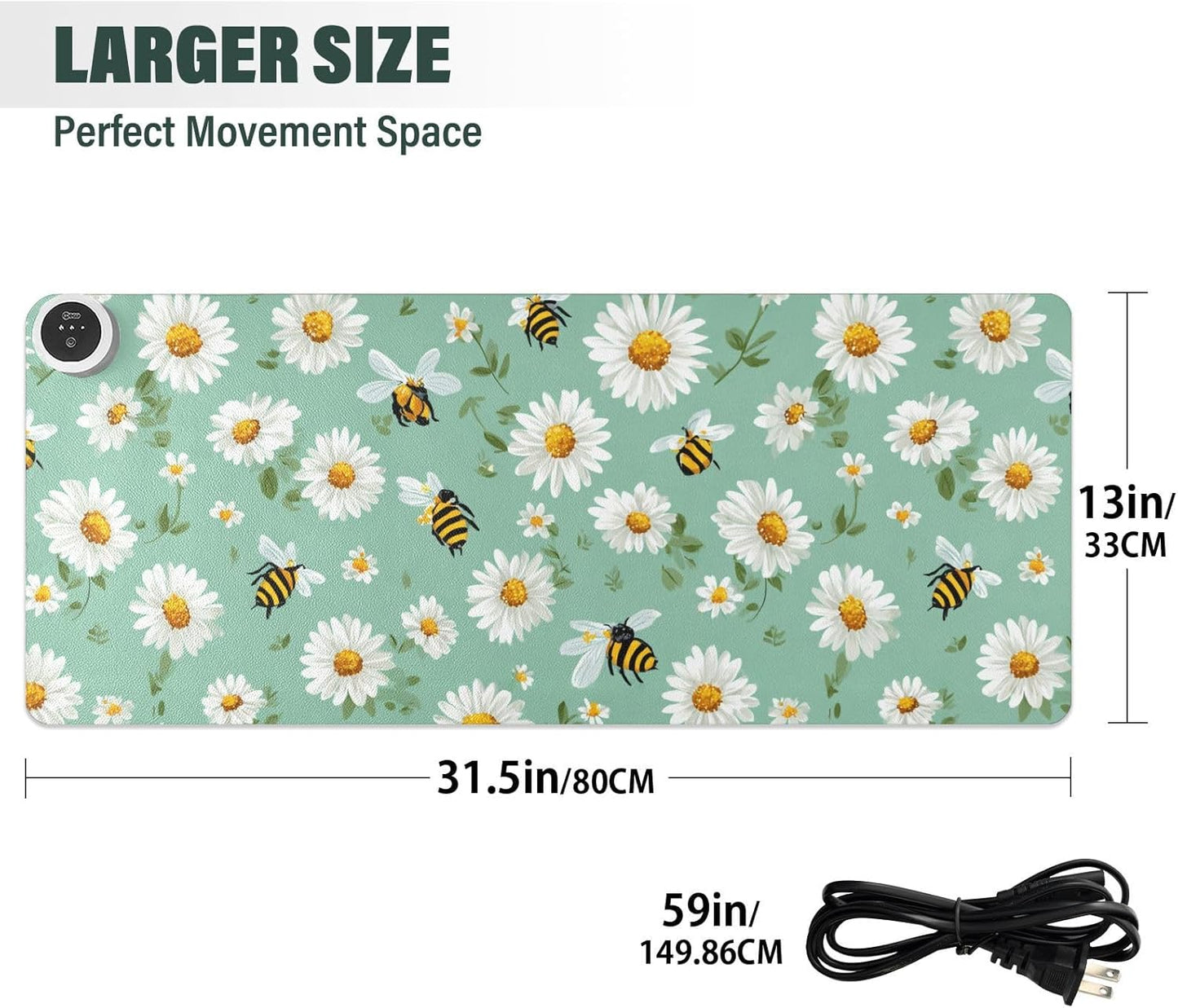 Heated Desk Pad Mouse Pad 31.5x13 Inch PU Leather Desk Mat with 3 Heat Levels Large Mouse Gaming Computer Laptop Mat Mint Green Daisy Flowers and Bees