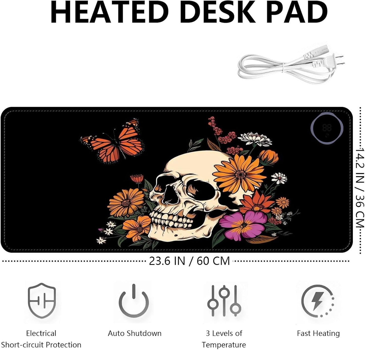 Heated Mouse Pad with 3 Levels Heated & 3 Hours Auto Shut-Off Mouse Pad for Warming Hands in Office Home, 23.6" x 14.2"Large Safe Desk Mat Hand Warmer，Art Skull