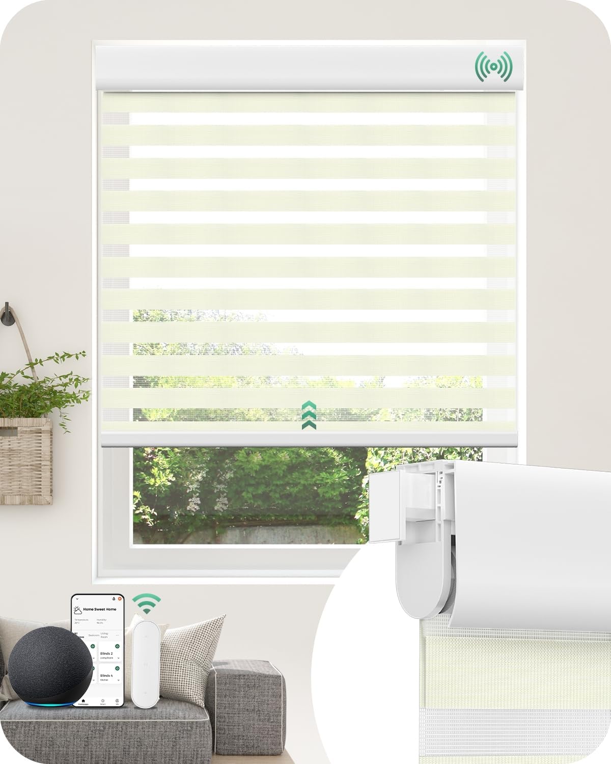 Allesin No Drill Motorized Zebra Blinds – Rechargeable Smart Dual Layer Shades with Cassette Cover, Ultra-Quiet Motor, Automatic Blind with Remote for Indoor Windows (Pearl White 28" W x 72" H)