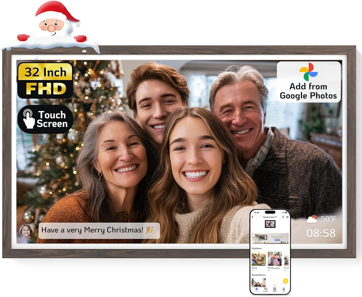 NexFoto Large Digital Picture Frame 32 Inch Touchscreen, 64GB WiFi Electronic Photo Frame FHD 1920 * 1080, Add Photos from Google Photos, Share Videos, Gifts for Christmas/Mom/Grandparents, Dark Wood