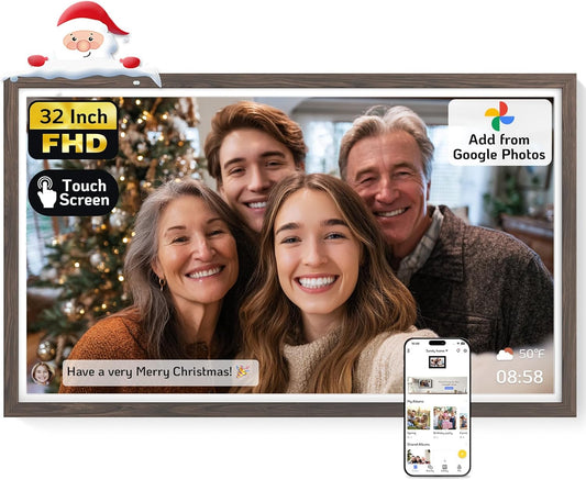 NexFoto Large Digital Picture Frame 32 Inch Touchscreen, 64GB WiFi Electronic Photo Frame FHD 1920 * 1080, Add Photos from Google Photos, Share Videos, Gifts for Christmas/Mom/Grandparents, Dark Wood