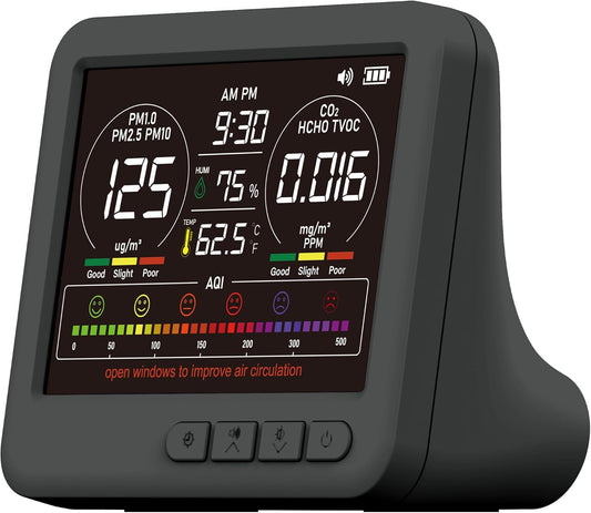Professional Indoor Air Quality Monitor with 7X AQI Alarms,16 in 1 Portable Real-Time Detector for PM2.5 | PM10 | CO2 | TVOC | HCHO | Temp | Hum for Home Cars Plants Pets (Black)