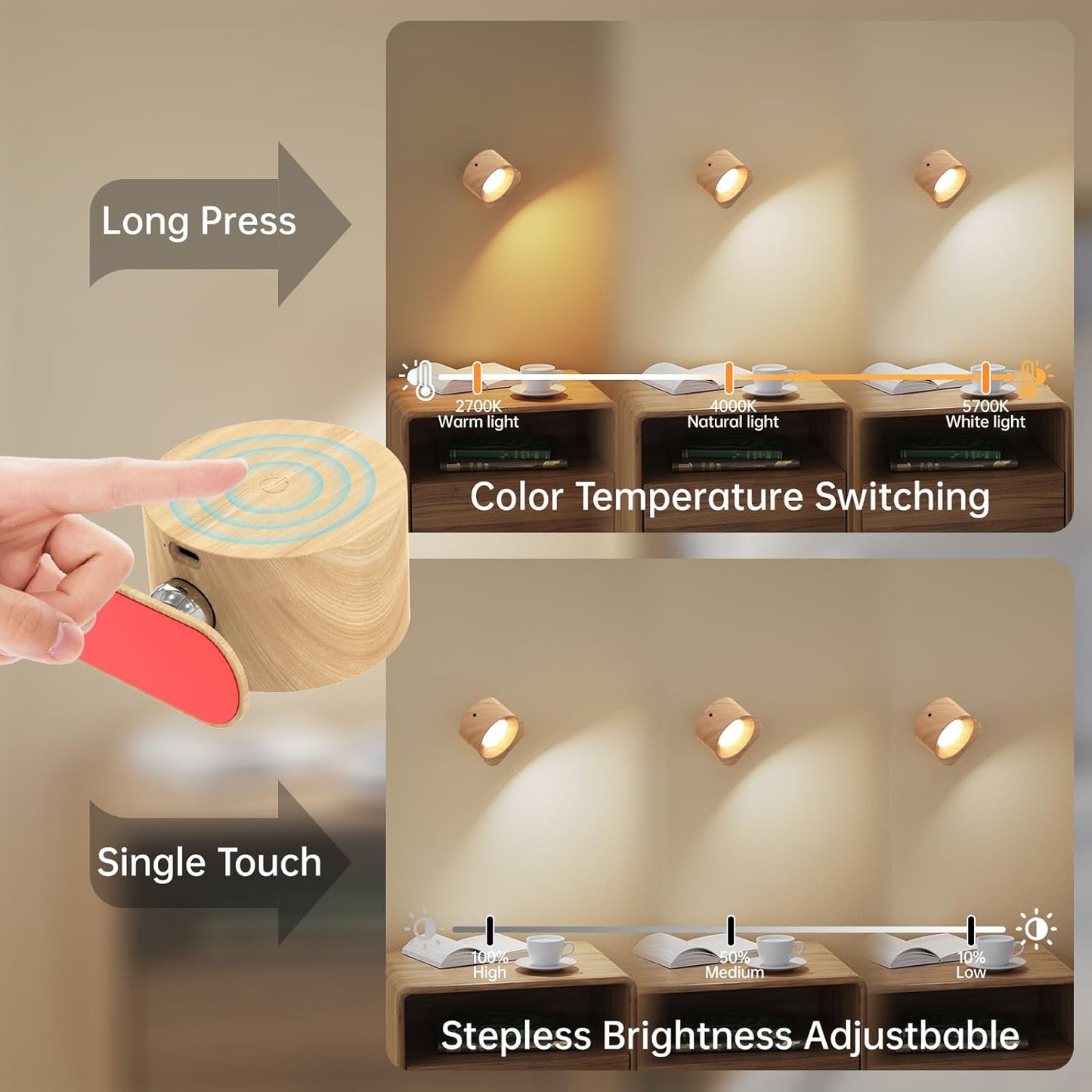 Koopala 3PACK Rechargeable LED Wall Sconce, Cordless Battery with Remote Powered Wall Sconce, 3 Brightness Levels, 360° Swivel Magnetic Shade for Reading Bedside, Wood Grain Color.