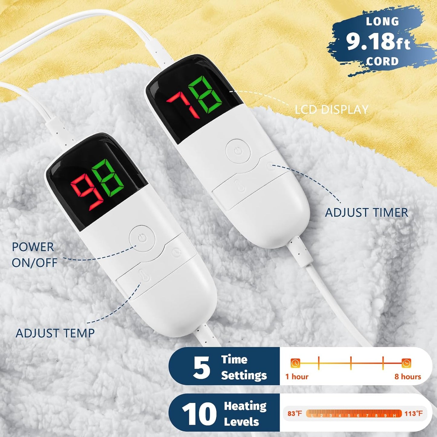 Heated Electric Blanket Queen Size - 84" x 90" Heating Blanket with Dual Control, 10 Heating Levels & 8 Hours Auto Off, Soft Warm Flannel Blanket, Christmas Birthday Gifts for Senior Grandma