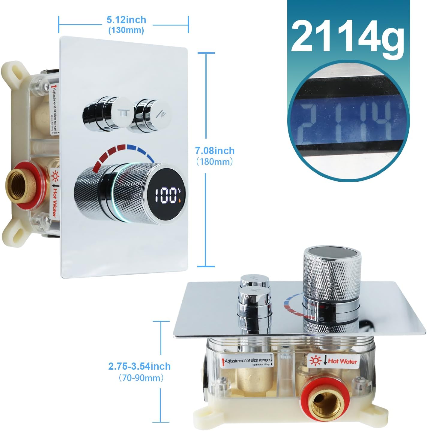Digital Display Shower Valve Shower Valve 2 Way Shower Diverter Valve Shower Mixing Valve Can Use All the Time Polished Chrome