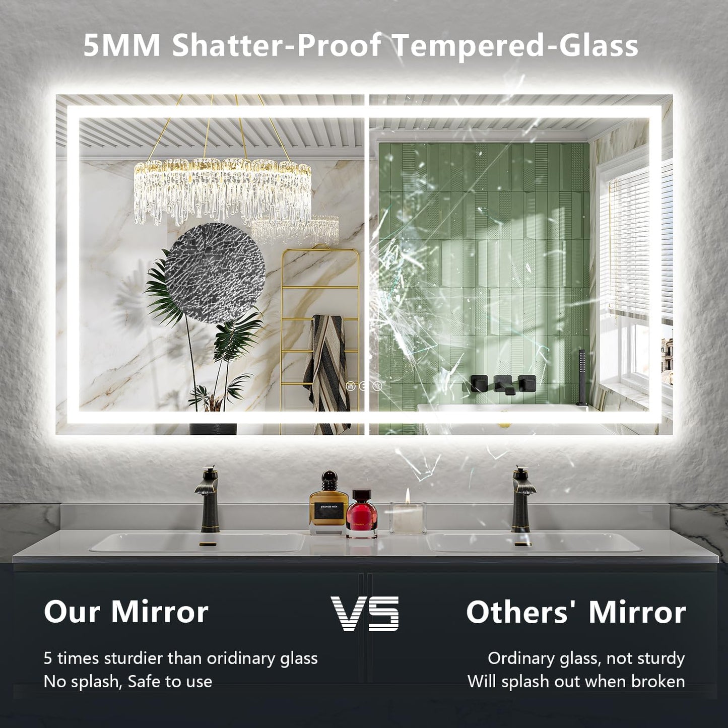 80x40 Inch LED Bathroom Mirror with Lights Front and Backlit Lighted Vanity Mirror for Bathroom Wall with 3 Colors Dimmable Anti-Fog Memory Shatter-Proof IP54 Waterproof Horizontal/Vertical