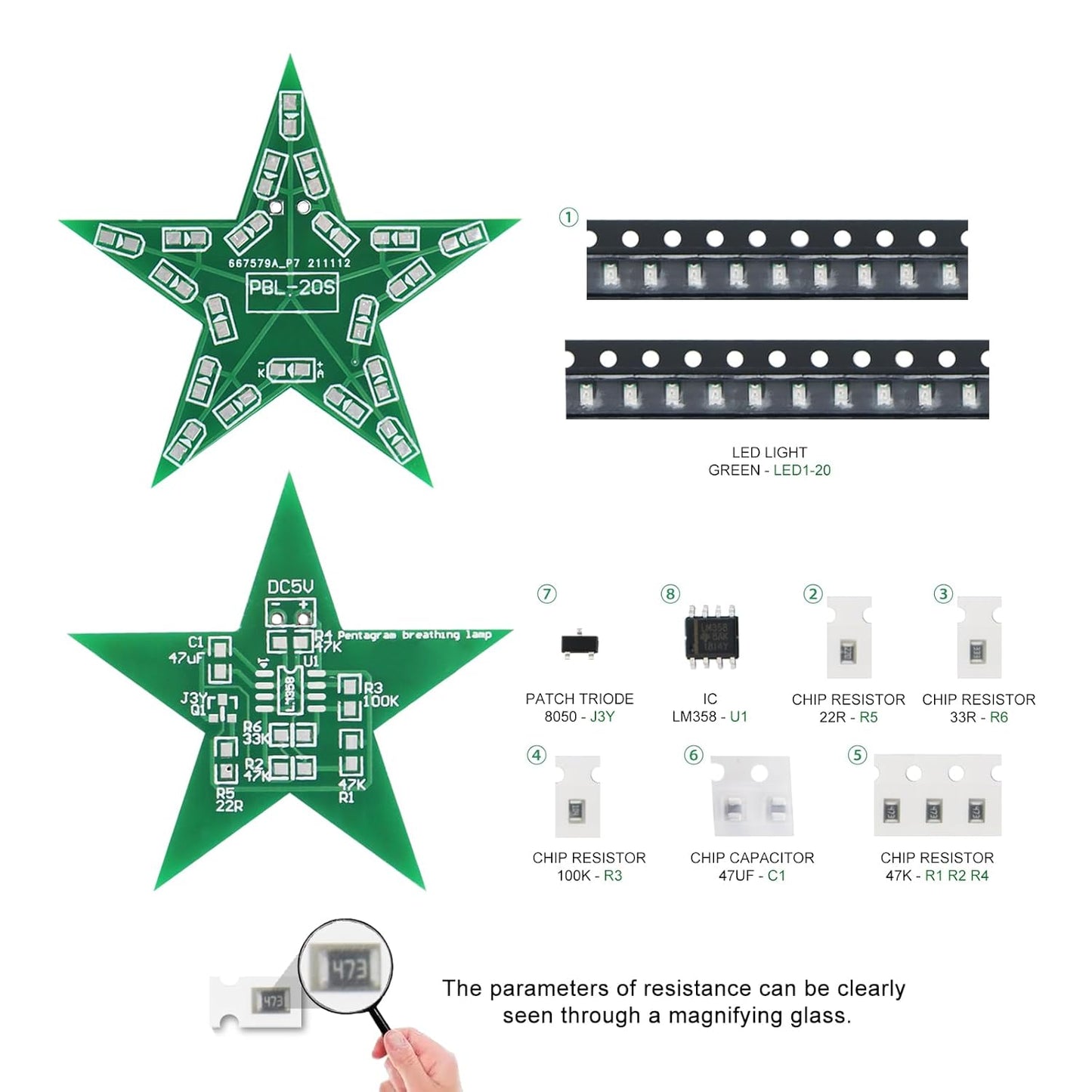 Soldering Practice Kit DIY Five Pointed Star Shaped Green LED Breathing Light SMD Electronics Projects Learn How to Solder(03XX02)
