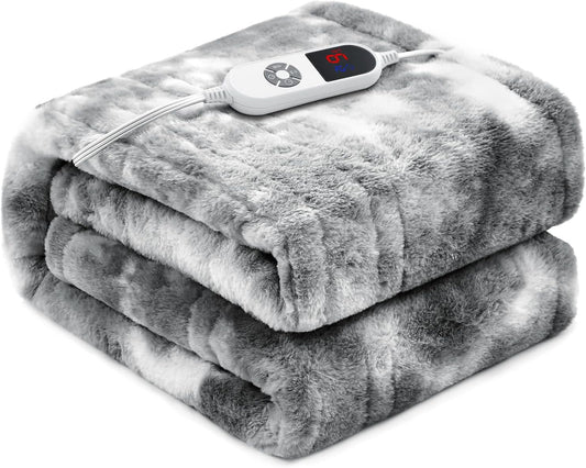 Electric Heated Blanket 62"x84",Luxury Grey Twin Faux Rabbit Fur Electric Blanket,Fast Heating Soft Fluffy Thick Electric Blanket with 6 Heating Levels & 12H Auto Off