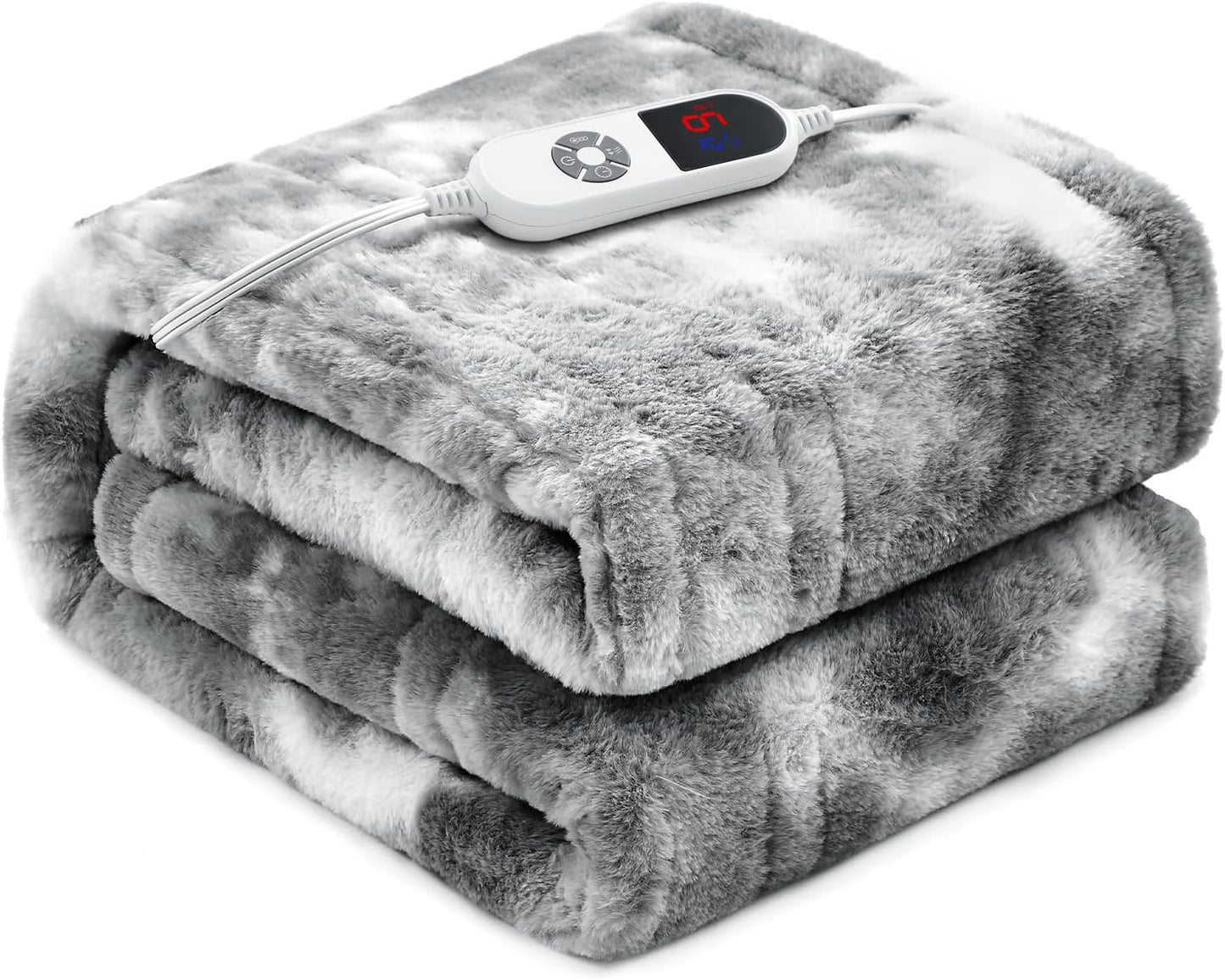 Electric Heated Blanket 50"x60",Luxury Grey Faux Rabbit Fur Electric Throw Blanket,Fast Heating Soft Fluffy Thick Electric Blanket with 6 Heating Levels & 12H Auto Off