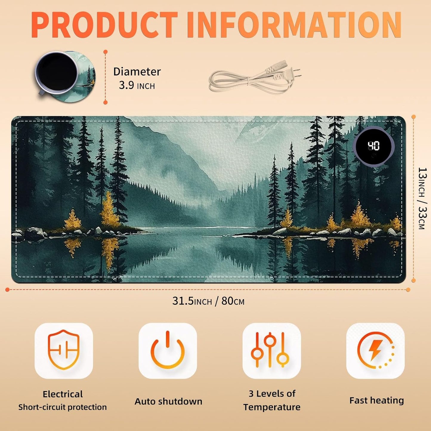 Heated Mouse Pad 31.5x13 in 3-Temp Fast Heating Desk Mat with Auto Timer Warmer for Hands Wrist Pain Relief Waterproof Keyboard Mat for Office, Gaming, Home, Forest Reflections