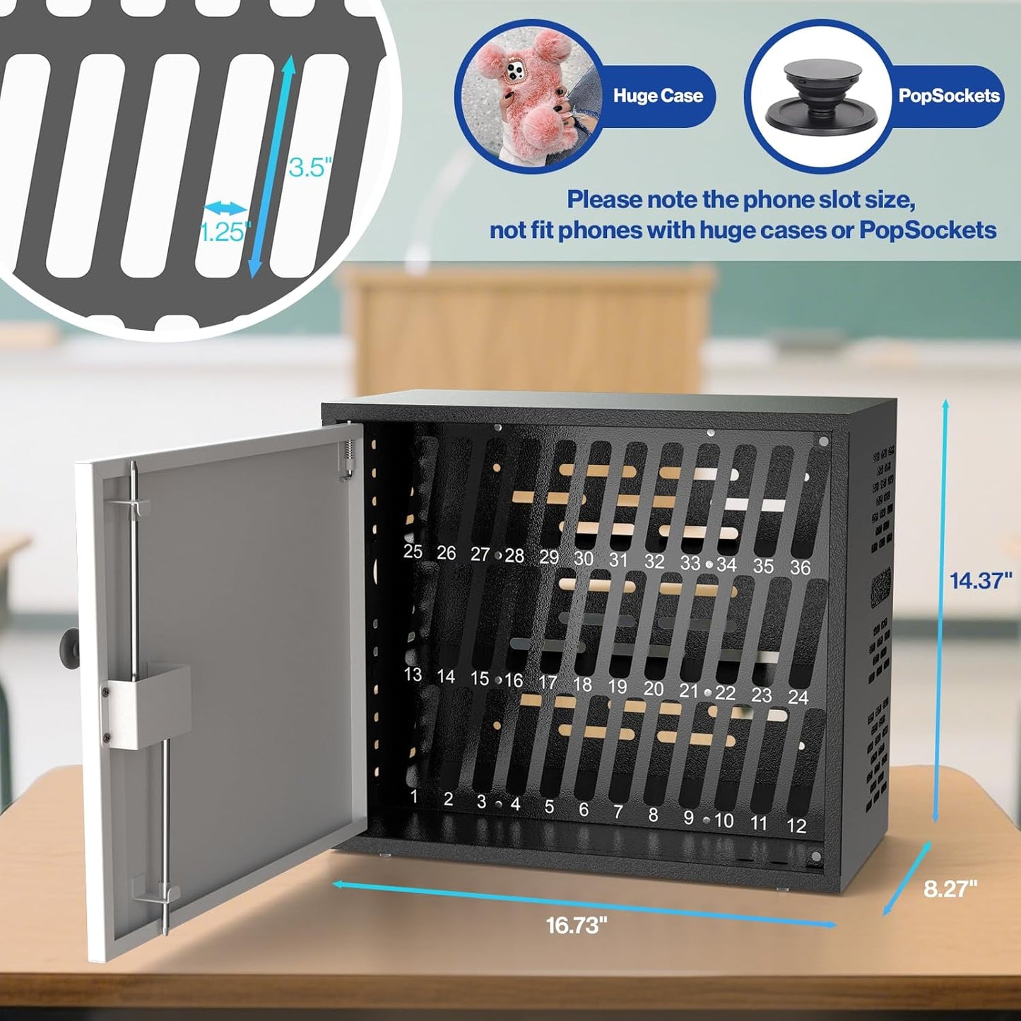 Cell Phone Holder Classroom Cell Phone Lock Box 36 Slots Metal Cell Phone Storage Cabinet Pocket Chart for Classroom with Lock for School Office