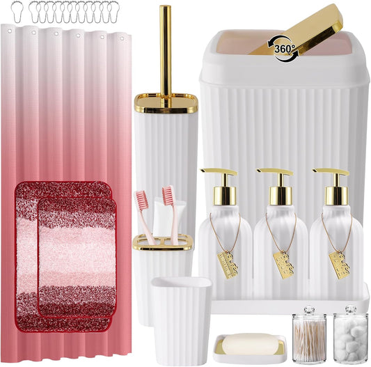 32PCS Bathroom Set Bathroom Sets with Shower Curtain and Rugs Gold Bathroom Accessories,Shower Curtain Set,Bathroom Rug Set with Bathroom Trash Can