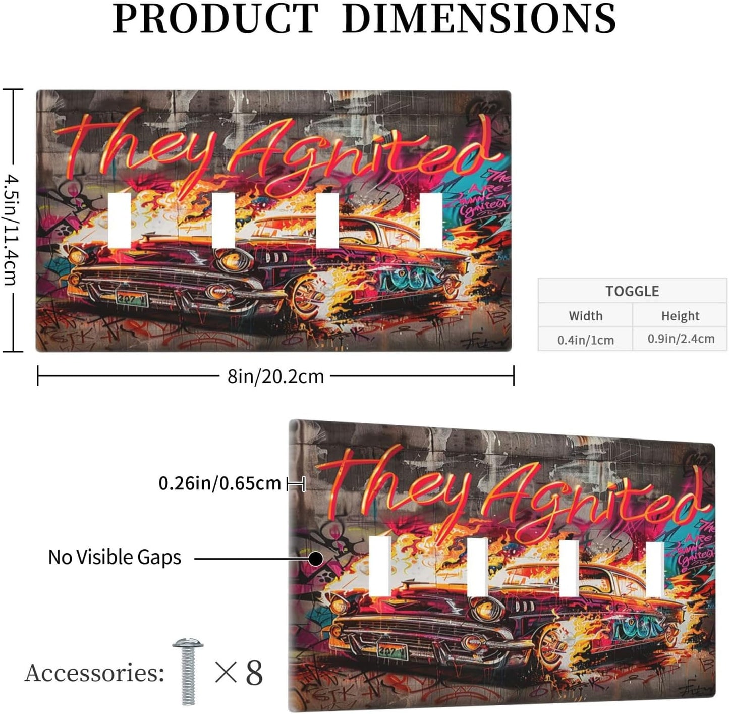 Light Switch Covers Hip Hop Street Graffiti Flame Car Quad Toggle Electrical Faceplate 4 Gang Wall Plate Decorative Switch Plates for Bedroom living Room Decor