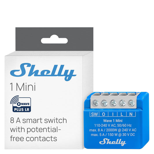 Shelly Wave 1 Mini US LR, Z-Wave Long Range Smart Switch Relay, 1-Channel 8 A with Dry Contacts, Compatible with Alexa, Google Home, SmartThings & Home Assistant, Bulletproof Security