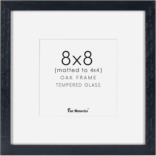 Fun Memories 8x8 Oak Wood Picture Frame in Black, 8"x8" Photo Frame for Wall, Square Frames 8x8 with Stand for Tabletop Display, Real Tempered Glass, 8 x 8 Picture Frames (Black Color, 1 Pack)