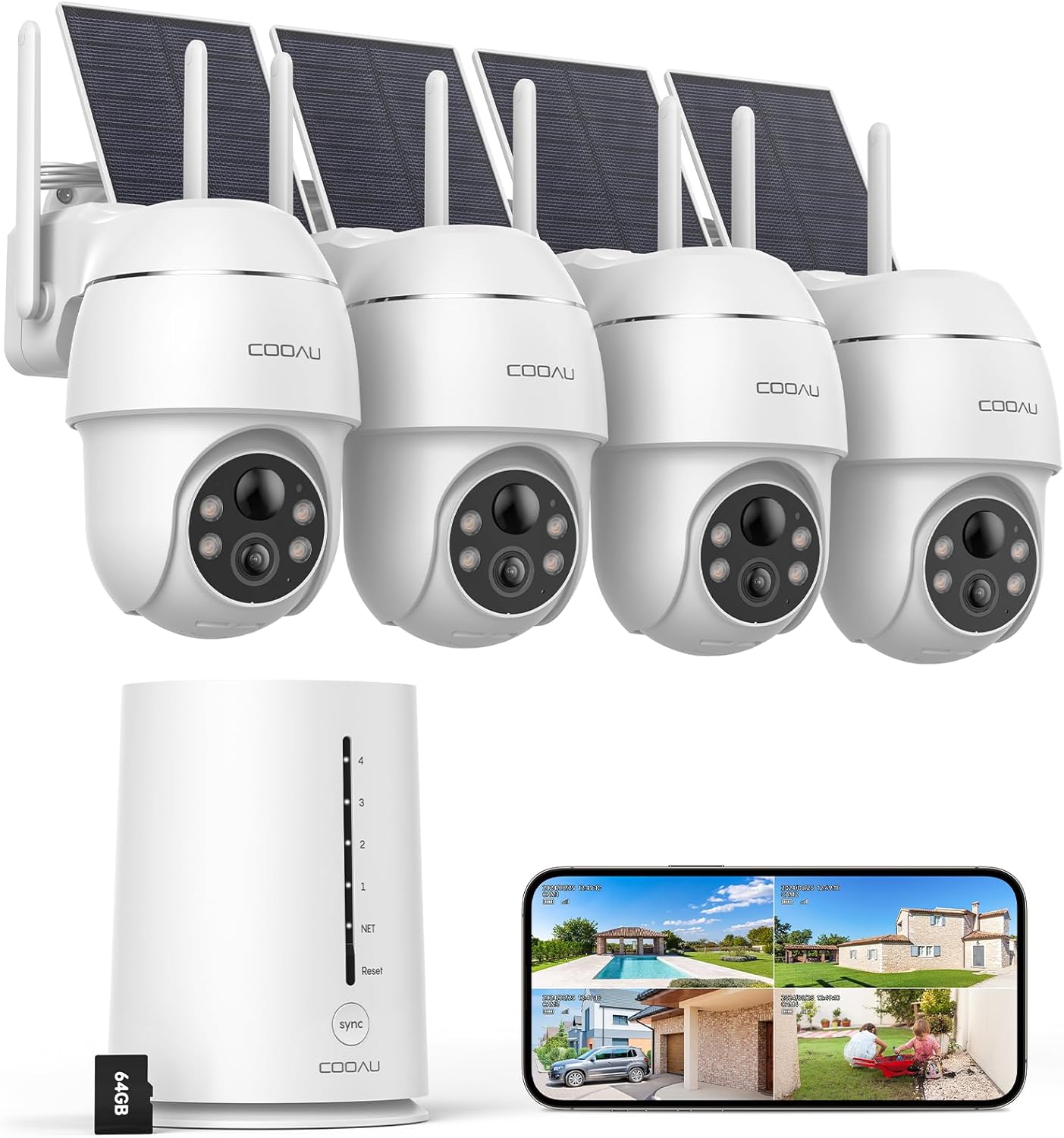 COOAU 4MP Cameras for Home Security, Solar Security Camera Wireless Outdoor System,4 Cam-Kit,360° Pan & Tilt,Color Night Vision,Motion Detection,No Monthly Fee,Siren Alarm,IP66,64GB Memory Card