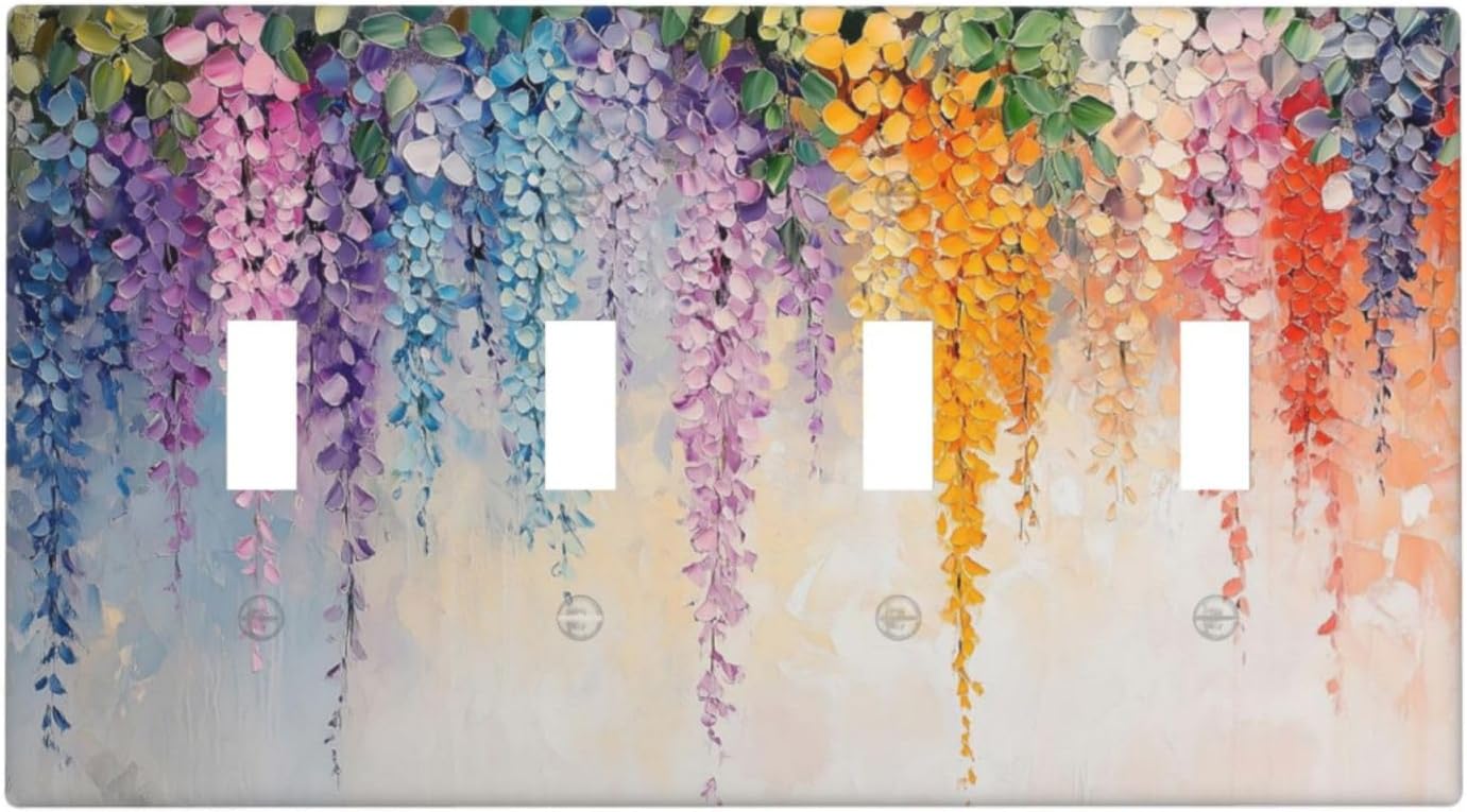 Colorful Wildflower Wisteria Cascade Floral Flower Light Switch Covers Quad Toggle Electrical Faceplate 4 Gang Wall Plate Decorative Switch Plates Cover for Bedroom Living Room Decor