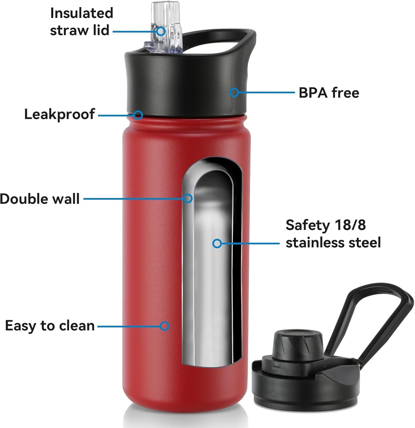 16 oz Insulated Water Bottle with Straw Lids, Stainless Steel Kids Water Bottles for School, Double Wall Vacuum Metal Water Bottle with Straw & Wide Mouth Lid, Red 4 Pack