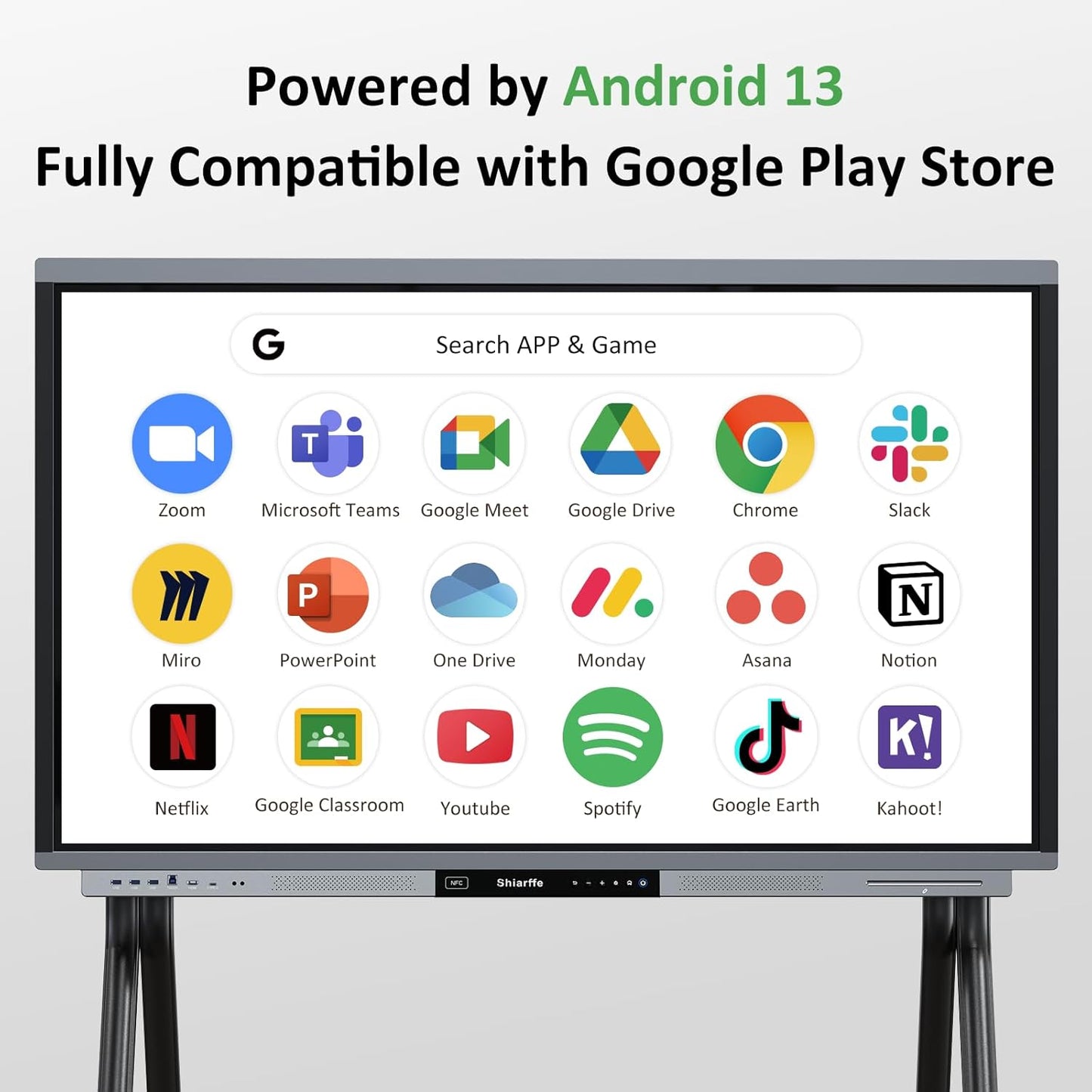 Shiarffe R9 Smart Board with Stand 4K Interactive Whiteboard EDLA-Certified All-in-One Touchscreen Digital Display Built-in 50MP AI Camera Mics and 60W Speaker for Classrom Hybrid Work