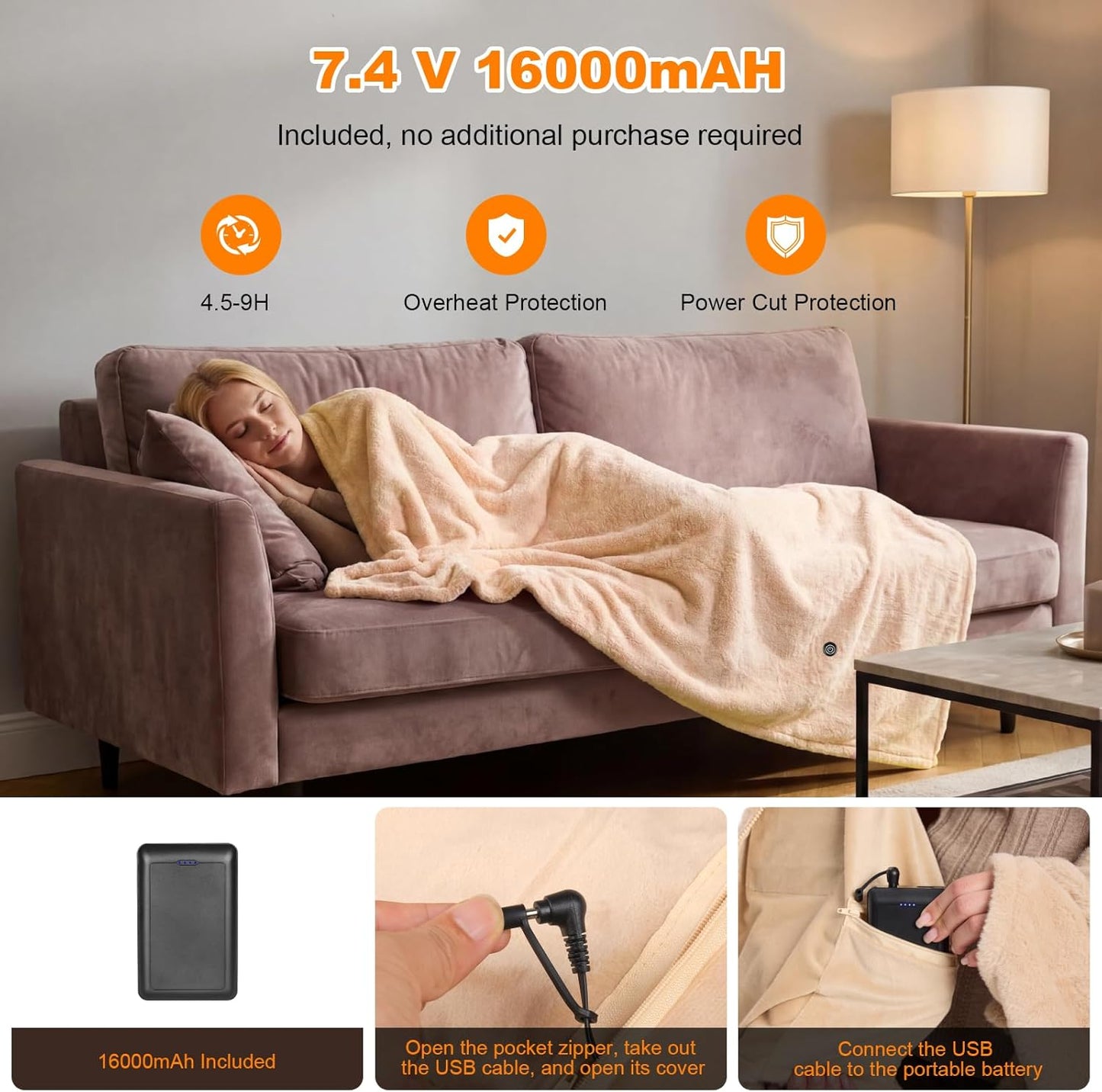 Cordless Heated Blanket Battery Operated with Fleece Lining 7.4V 16000mAh Battery Portable Wearable Heated Shawl for Women Men 6 Heating Zones 3 Fast-Heating Levels (Battery Included)