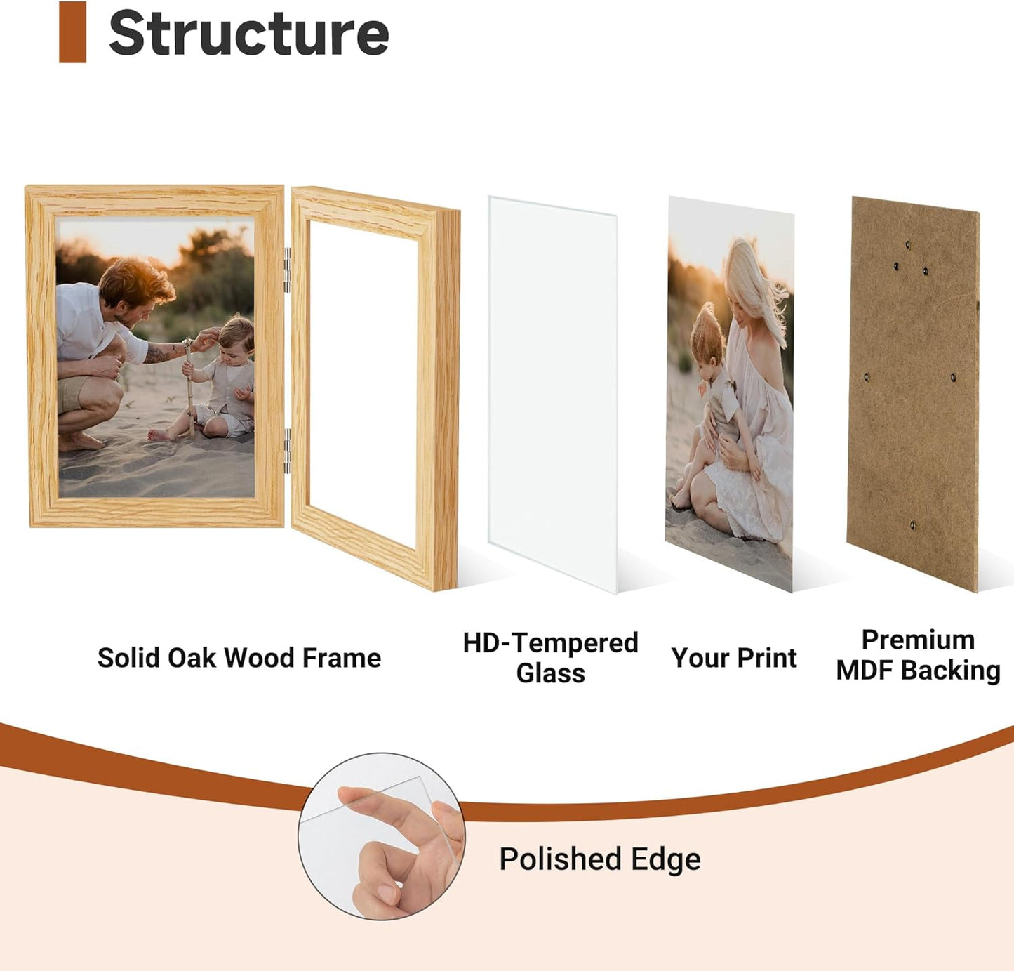 Axeman 4x6 Double Picture Frame - Solid Oak Wood Vertical Hinged 4x6 Photo Frame 2 Opening Folding Family Frames Collage With Real Glass for Tabletop Display, Hanging Hardware Included | Natural
