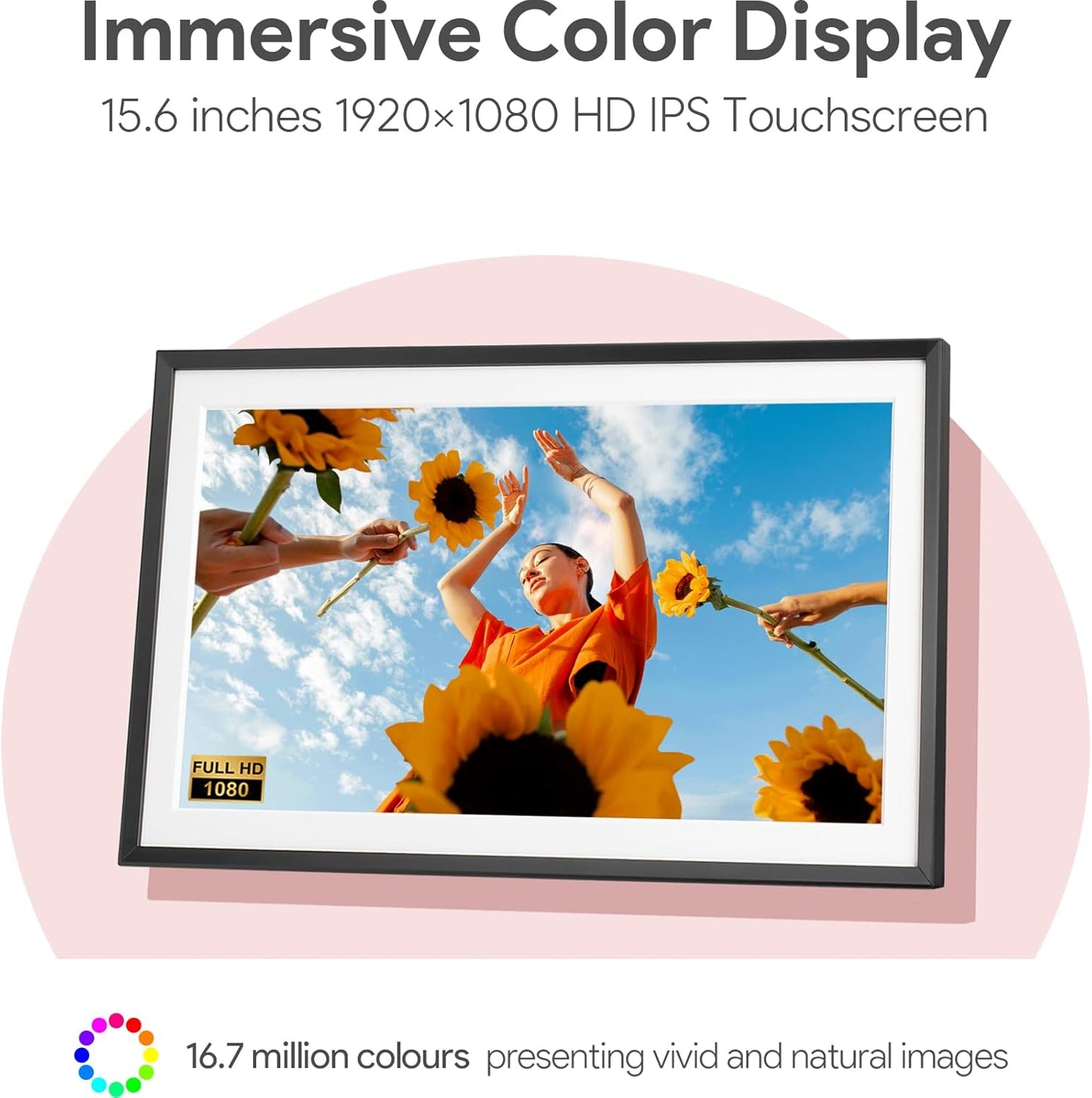 15.6'' Digital Picture Frame with 1920x1080 IPS Touch Screen, Smart Digital Photo Frame with 32GB Storage, Easy Setup to Share Photos/Videos via Free App