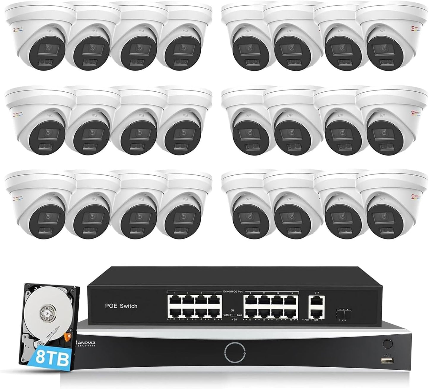 Anpviz 4K 8MP 32 Channel NVR POE Security Systems, 32CH 4K H.265+ NVR with 8TB HDD, 24pcs Smart Dual Light 8MP IP Cameras Outdoor with Audio Business Security System, Wide Angle, 98ft Night Vision
