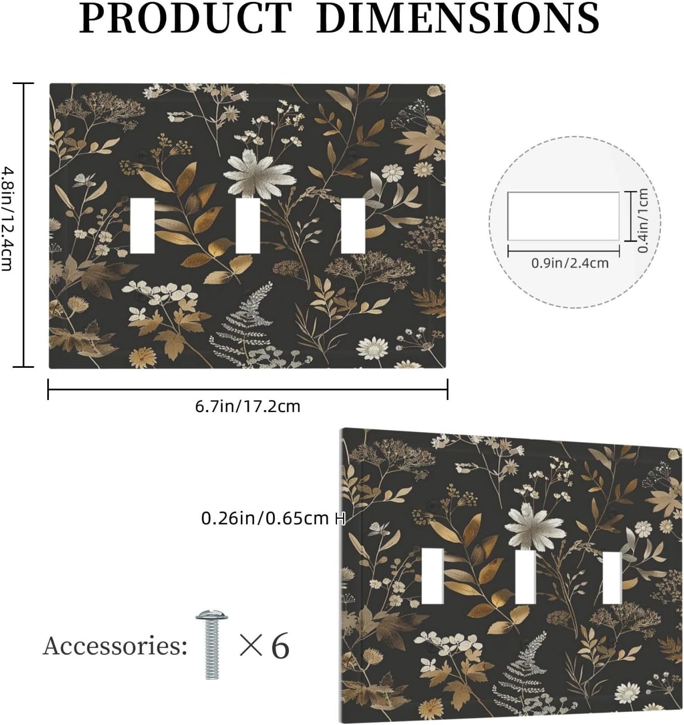 Decorative Switch Plates Black Gold Floral Dark Leaves Vintage Flowers 3 Gang Wall Plate Triple Toggle Light Switch Cover Faceplate Electrical Wall Panels for Bed Room Home Decor