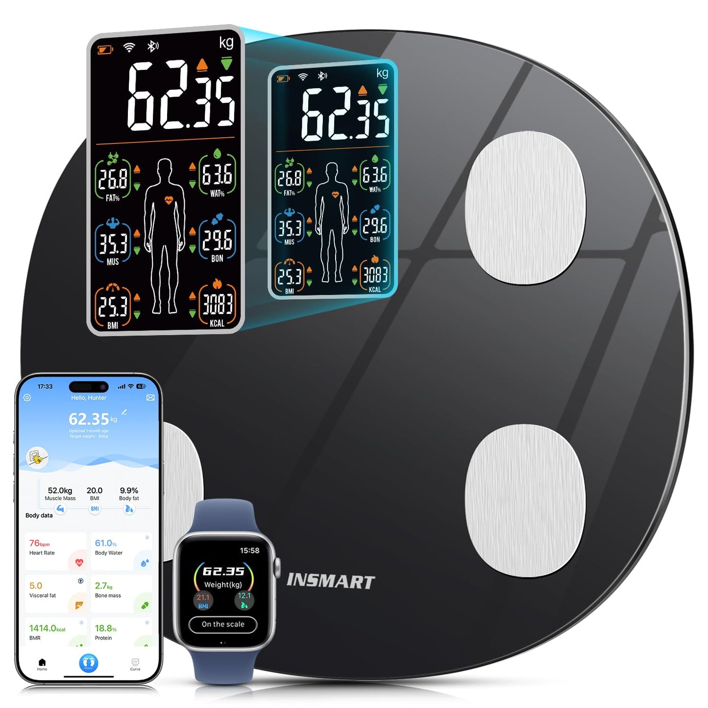 INSMART Smart Scale for Body Weight, All-in-one LCD Display Bathroom Weight Scales Body Fat Scale,Bluetooth Digital Smart Weighing Scale with Heart Rate,Heart Index & Body Composition Analyzer,396 lbs
