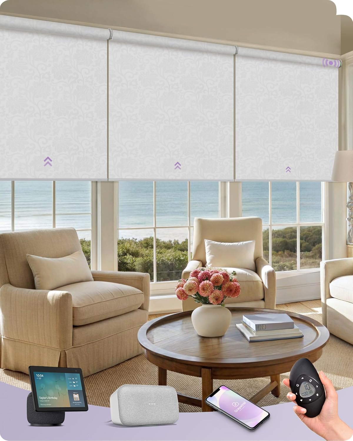 Graywind Smart Coupled Roller Shades Compatible with Alexa Google Custom Size Extra Large Motorized Blinds for Windows(Floral Jacquard White)