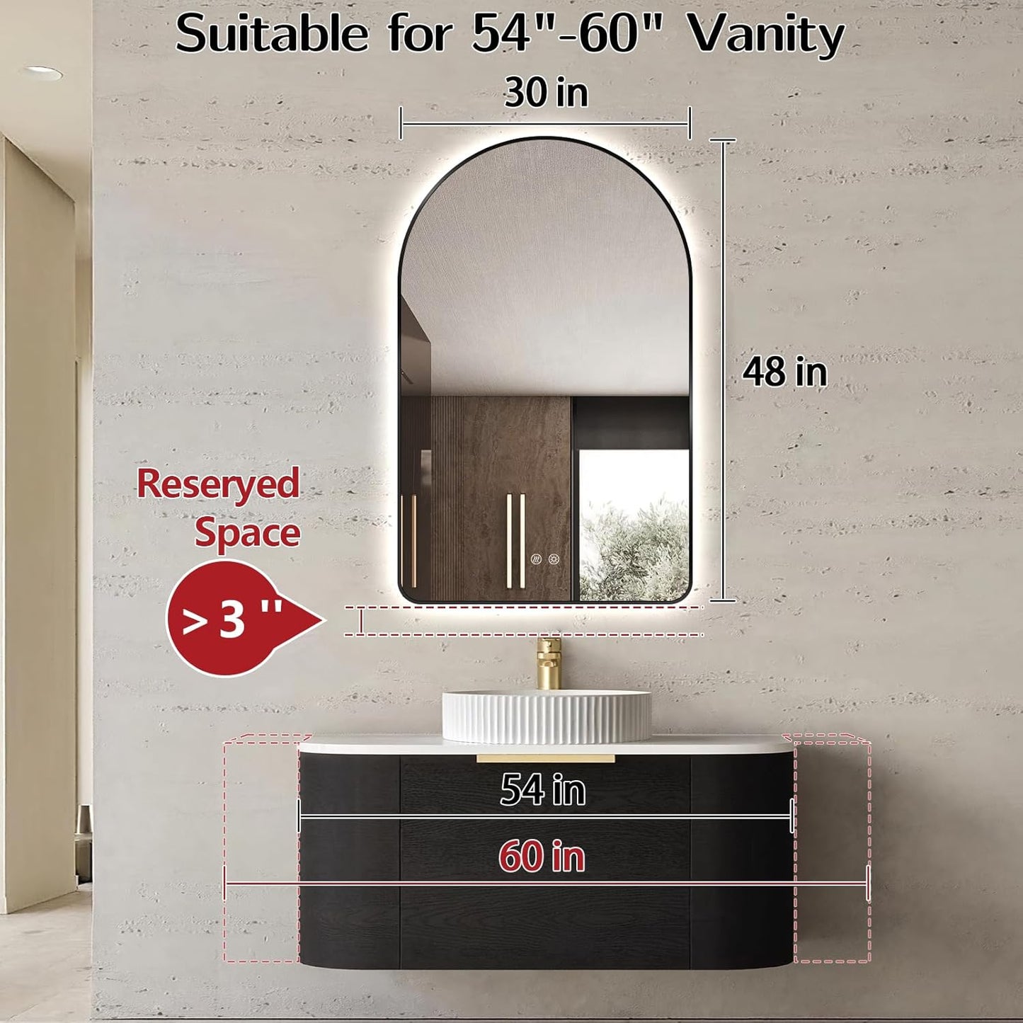 Niccy Arched LED Lighted Bathroom Mirror, 48x30 Inch Backlit Vanity Bathroom Mirror with Lights Brushed Black Framed Wall Mounted Mirrors with 3 Color Shatterproof Arch Smart Fog Free Mirror
