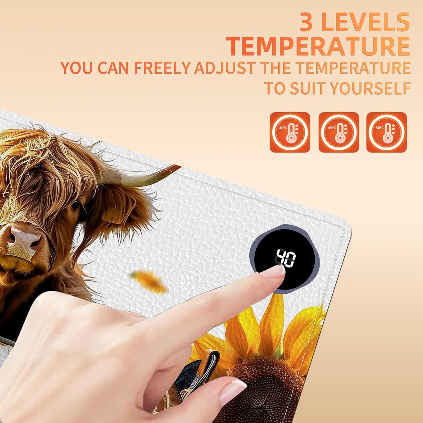 Heated Mouse Pad, Warm Desk Pad, Keyboard Mat 23.6 x 14 Inch Large Size Intelligent Fast Heating, 3 Speed Adjustable, Timed Auto Power Off for Game Office Home, Sunflower Highland Cattle