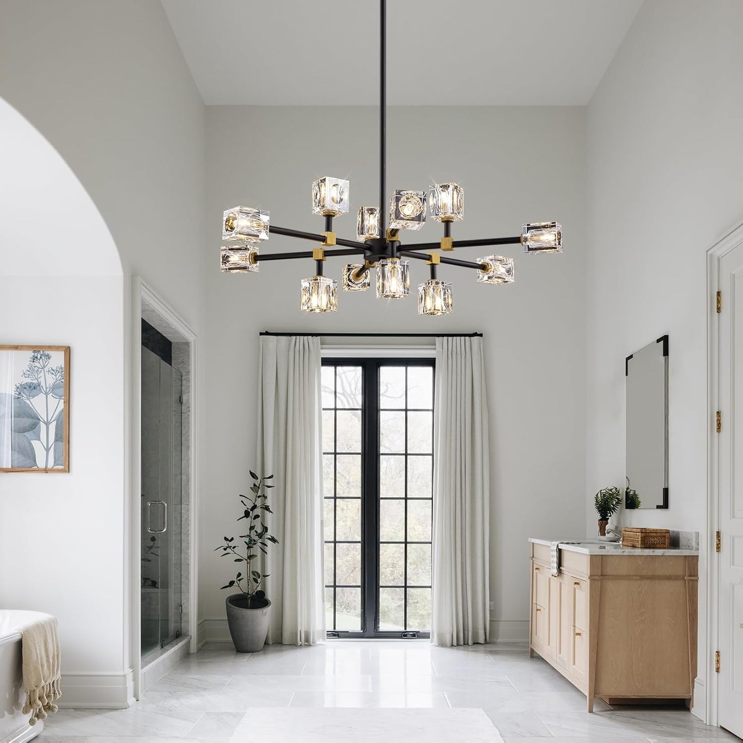 Black Crsytal Chandelier,Sputnik Chandeliers with 12-Lights,Modern Adjustable Height Semi Flush Mount Ceiling Light Fixture for Dining Room,Kitchen Island,Living Room,Bedroom