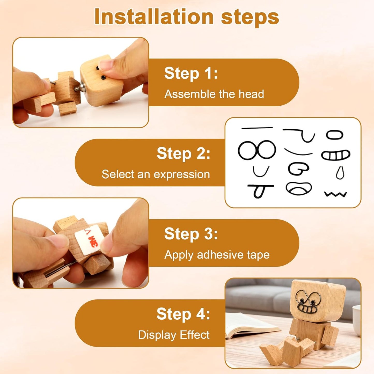 Shaking Wooden Man Figurine for Car Dashboard, Handmade Shaking Feet Wooden Man with 12PCS Magnetic Expressions, Creative Wood Desktop Decor Gifts