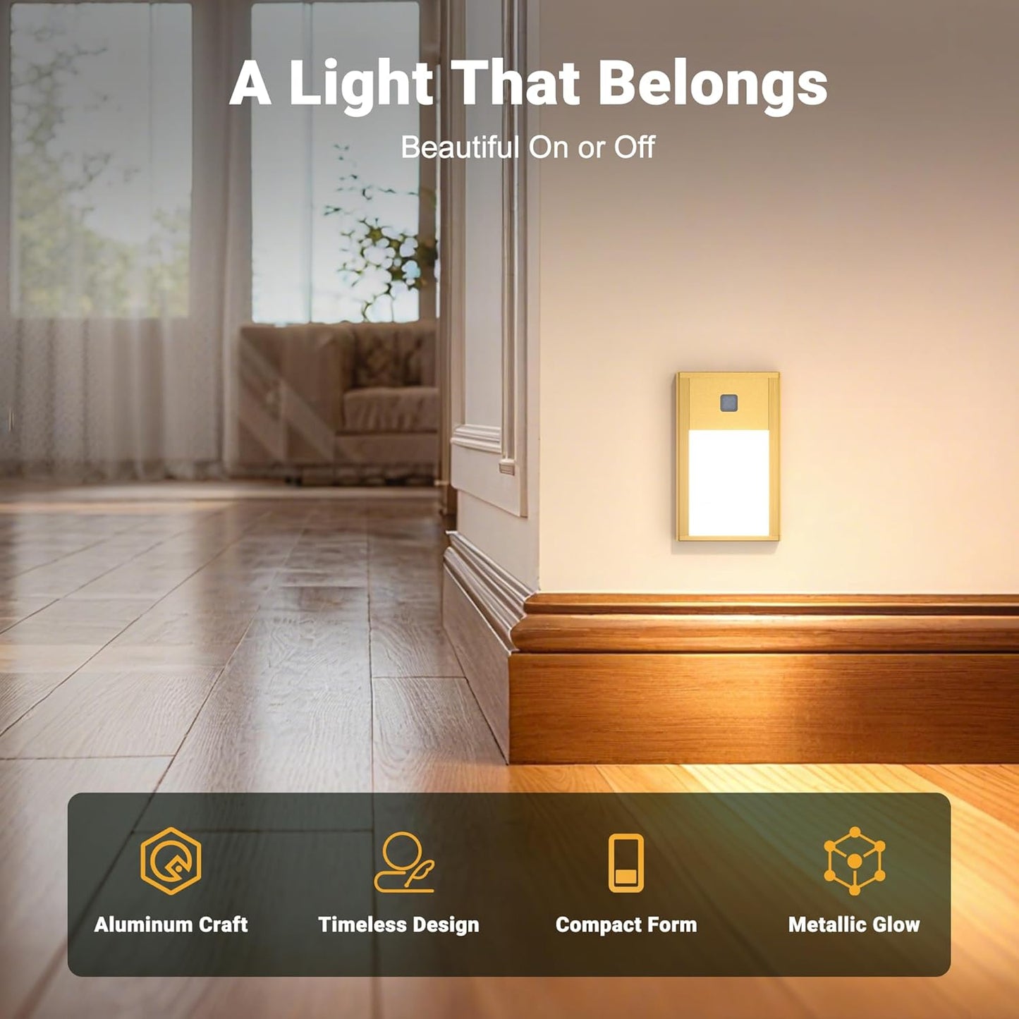 Rechargeable Motion Sensor Night Lights, 4-Pack - Brushed Gold Aluminum Alloy, Ultra-Compact Magnetic Mount, 3000K Warm White Glow, Ideal for Hallways, Bedrooms, Stairs & Nightly Use