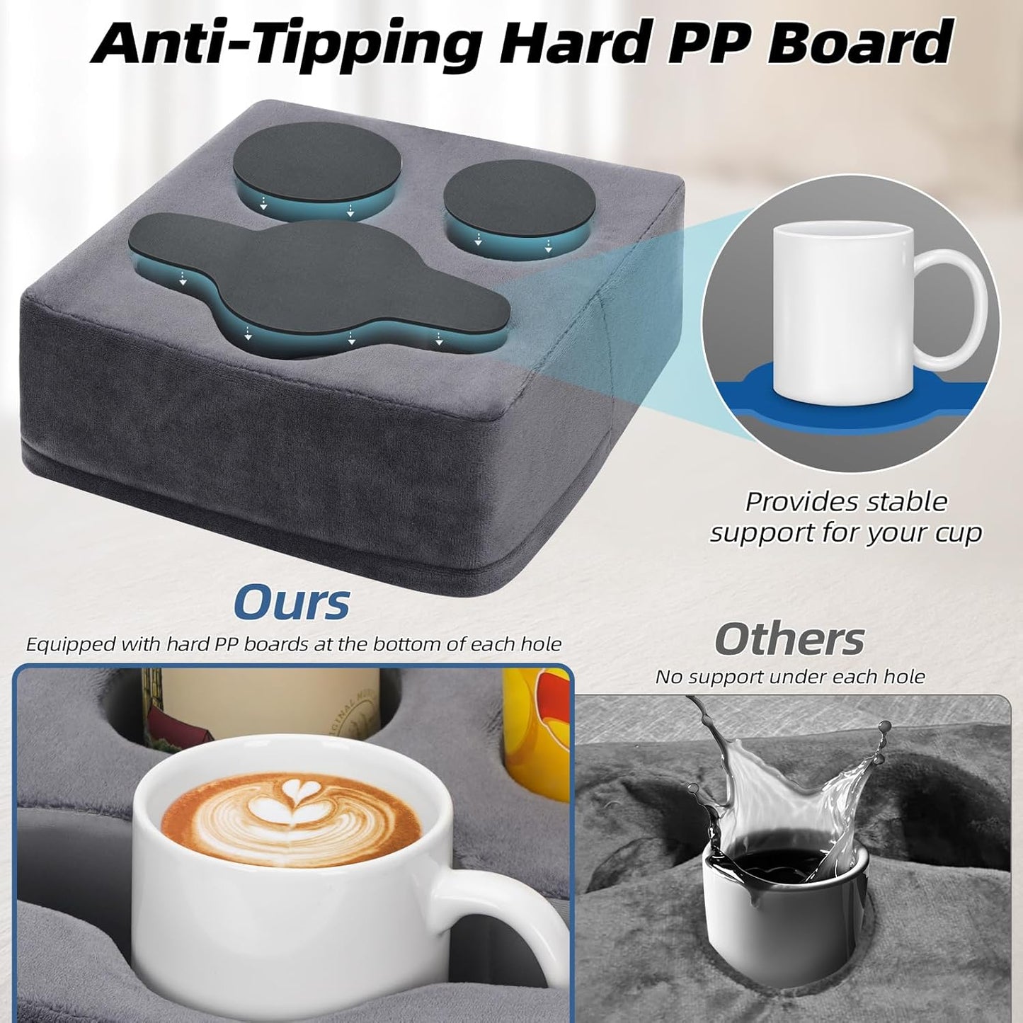 G GOOD GAIN Couch Cup Holder Pillow, Spill-Proof Sofa Drink Cup Holder & Multi-Use Organizer for Sofa, Bed, Car, Beach - Holds Mugs, Phone, Snacks, Remote Control, KeepTemp Design (Grey)