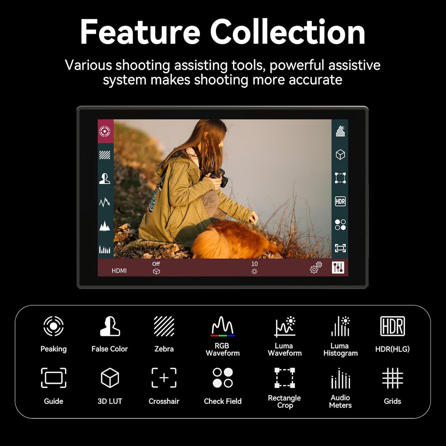 Portkeys HD7T Camera Field Monitor 7'' 1000nit High Brightness Touchscreen Camera Monitor with Top Shortcut Keys Suitable for DSLR with S0NY NP-F550 Battery
