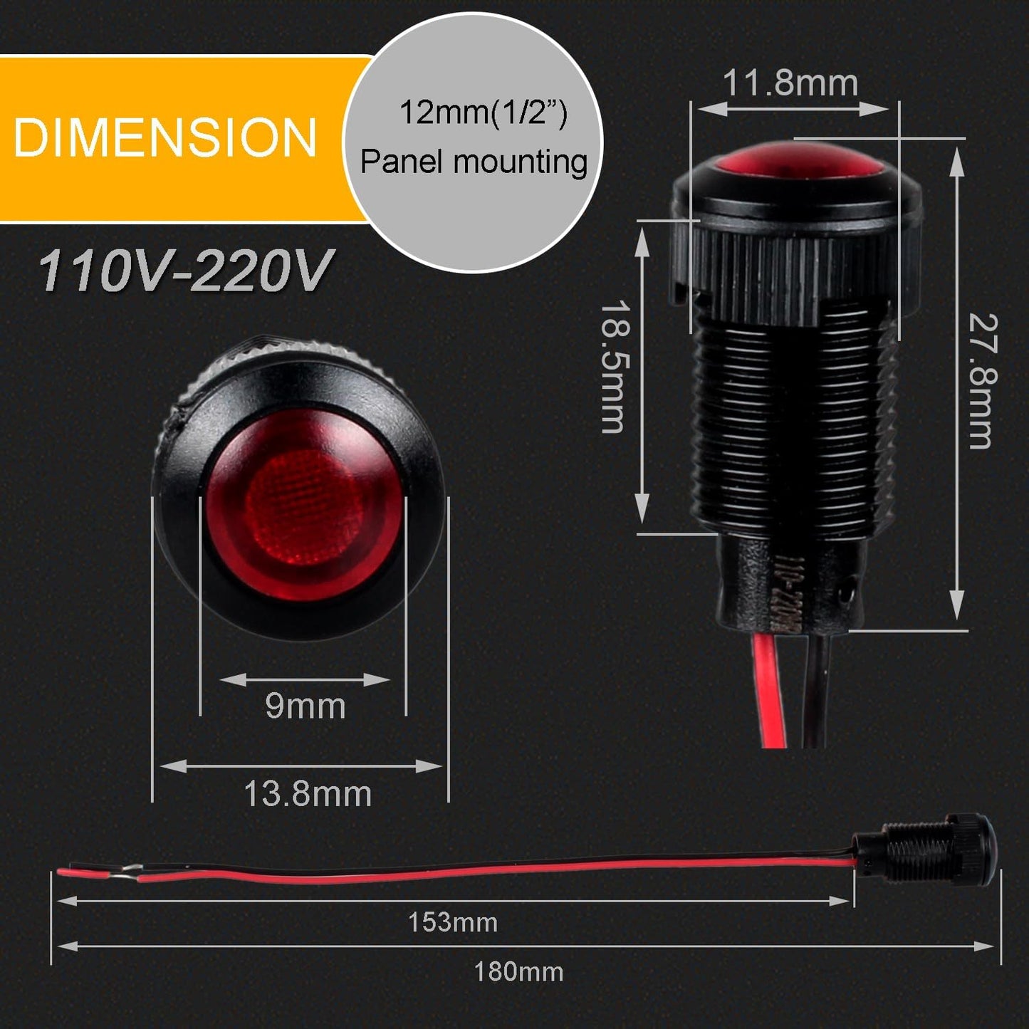 5pcs 12mm LED Indicator Light Plastic Black Signal Dot Lamp 110-220V AC 1/2 inches Mounting Hole Size with 15cm/5.9in. Wire (Red LED)
